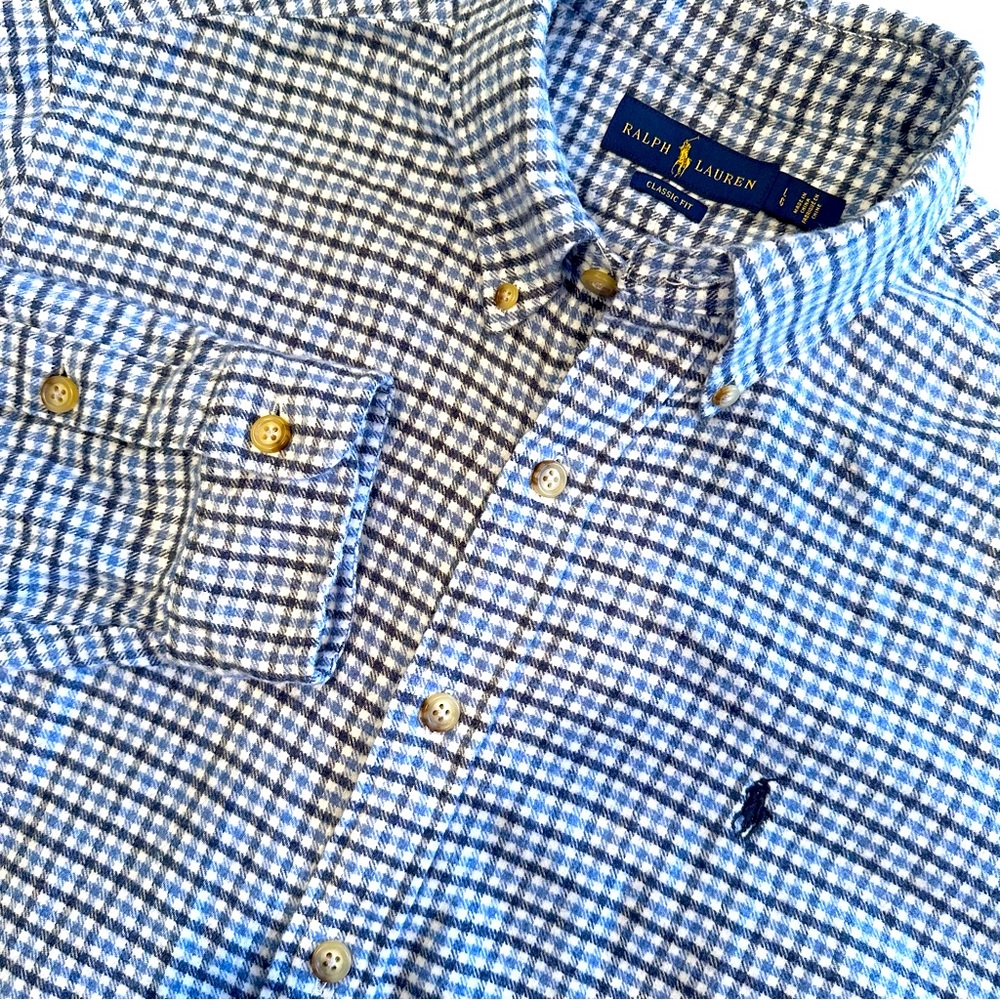 Ralph Lauren Classic Fit Flannel Button Down Shirt Men's Large Blue Plaid Cotton